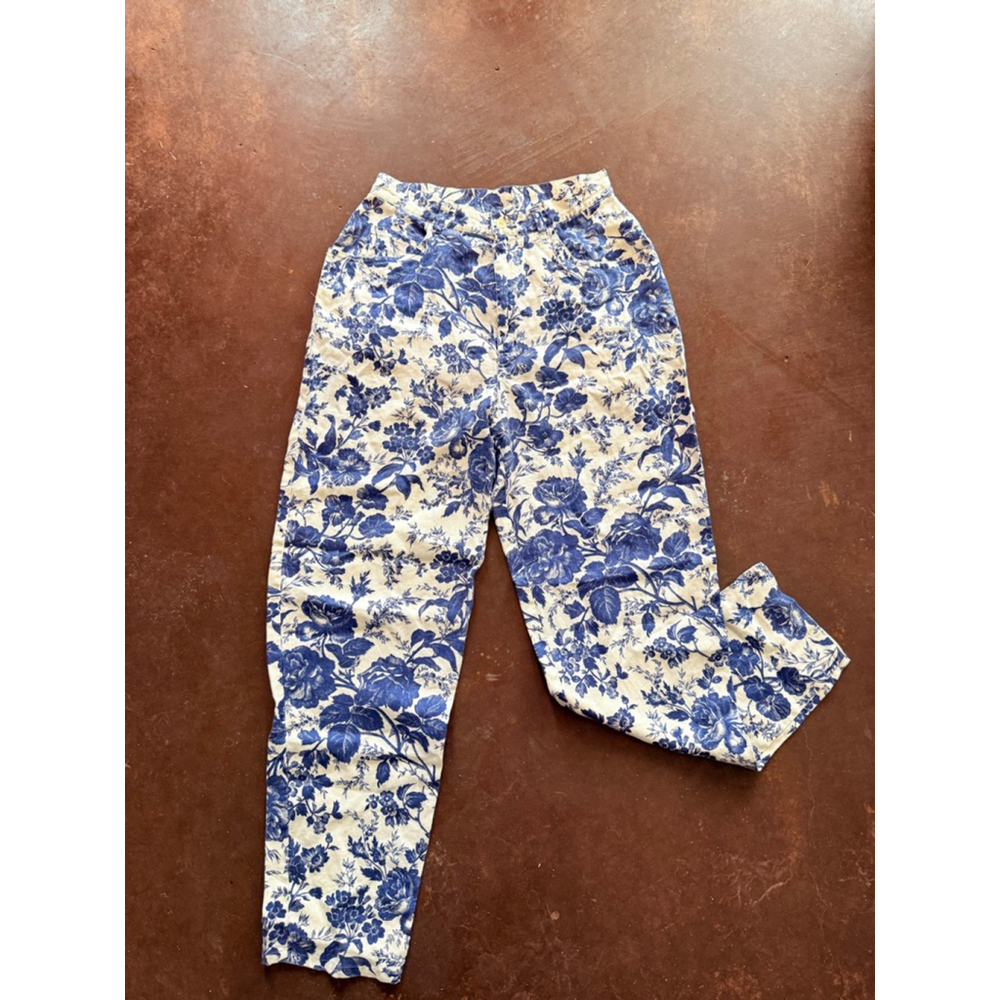 RALPH LAUREN 100% Linen Vintage Blue Floral Victorian Trousers